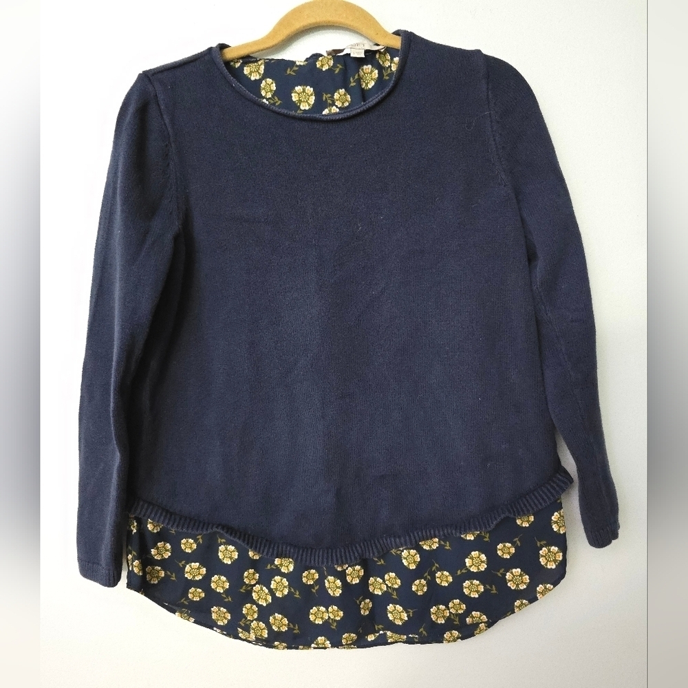 Ann Taylor LOFT Sweater Sz S Navy Tie Split Back Long Sleeve Mixed Media Top